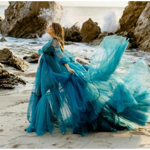 Modest See Blue A-line Long Maternity Dresses With Full Sleeves Open Front Free Size Beach Women Dress To Photography Vestidos