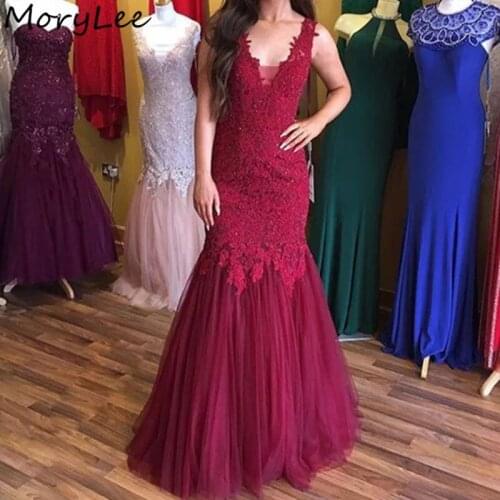 Mermaid Evening Dresses V-Neck Sleeveless A-Line Lace Applique Crystal A-Line Tulle Evening Dresses vestidos de fiesta de noche