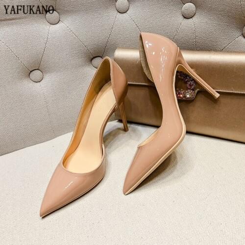 Womens Shoes Nude Patent Leather Pointed Toe High Heels 10cm Thin Heel Pumps Wedding Party Office Ladies Shoes Plus Size 33-42