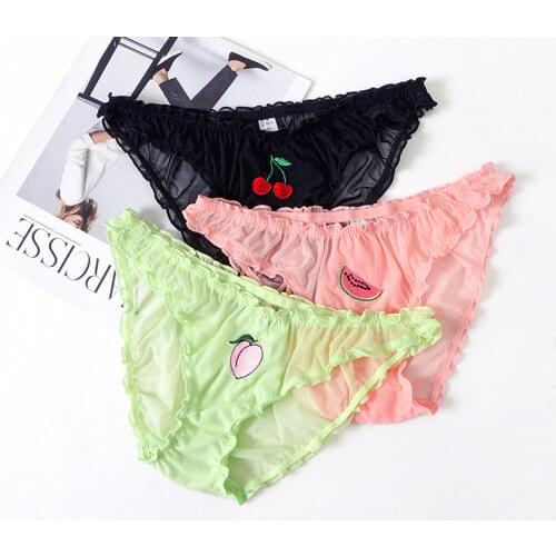 Women Sexy Lace Panties Fruits Embroidery Low-waist Panty Transparent Lingerie Briefs Seamless Sweet Underwear
