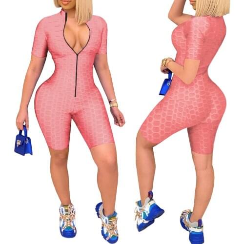 Women Summer Solid Color Zip-up Romper Short Sleeve Stand-up Collar Jumpsuit for Sports Wear Fitness