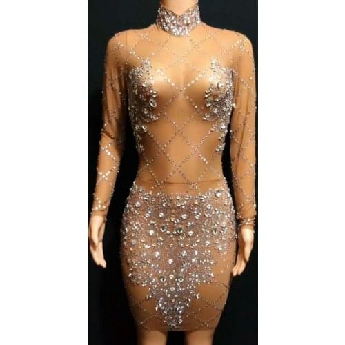 Sparkly Rhinestones Sexy Mesh See Through Dress with Long Sleeve Women Birthday Prom Party Dress Bling Bodycon Nightclub Outfit