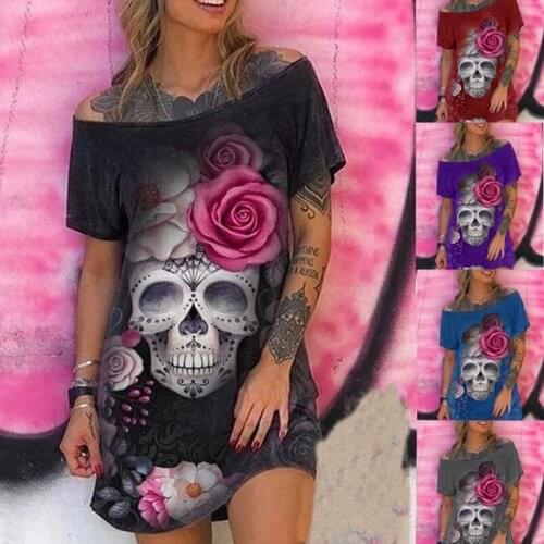 Dress Women Summer Fashion Casual Goth Style Short Sleeve Skull Flowers Print Plus Size Multi-colored Female Sexy Dress