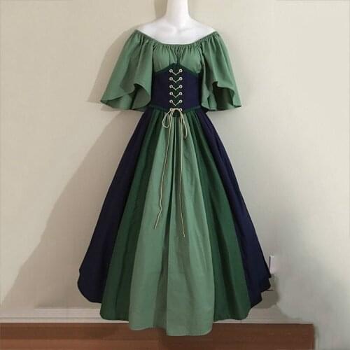 Anime Medieval Cosplay Female Beautiful Dress Stitching Lace-up Waist Big Swing One-shoulder Color Contrast Full Dress
