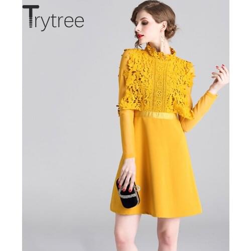 Trytree Autumn Elegant Casual Solid Yellow Dress Lace Stand Collar Polyester women dresses High Street A-line Above Knee Dress