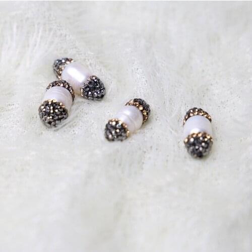 5pcs Nature Freshwater Pearl Spacer Loose Beads,White Crystal Rhinestone Paved,charm Pearl Connector Beads For Jewelry Making