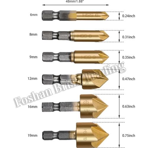 6pcs/Set 90-degree Hexagonal Handle 5 Blades Chamfering Tool 6mm-19mm Chamfering Knife Hole Opener Woodworking Tool