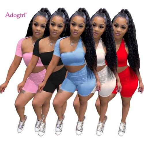 Adogirl Drop Ship Wholesale Women Solid Two Piece Set One Shoulder Short Sleeve Vest Crop Top And Shorts Casual Tracksuit