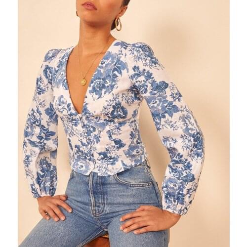Women Blouse V Neck Long Sleeve Summer Chiffon Blouse Women Vintage Floral Print Casual Tops For Womens Tops And Blouses