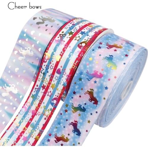 Cheer bow 75mm Grosgrain Ribbon Unicorn Rainbow Printed Ribbon Wedding Party Decoration Gifts Packing DIY Hair bows Materials