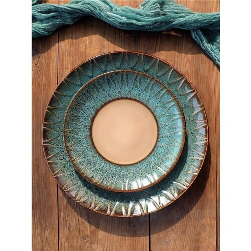 Retro Peacock Pattern Blue Green Large ceramic Plate Creative Round Plates Steak Salad Snack Cake Plates Porcelain Tableware