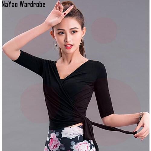 Black Latin Dance Dress Women Half Sleeve V Neck Tops for Ballroom Samba Tango Chacha Belly Dancing Performamnce SS065