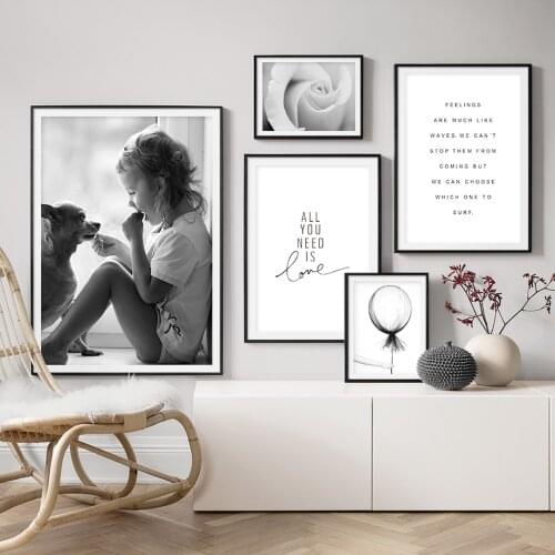 Flower Balloon Dog Love Quote Nordic Posters And Prints Wall Art Canvas Painting Black White Wall Pictures For Living Room Decor