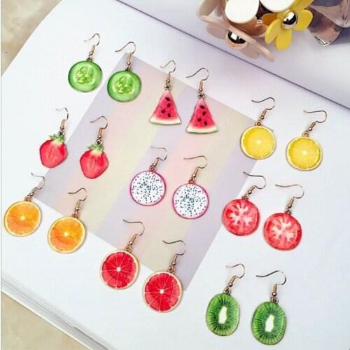 Dainty Cute Fruit Acrylic Earrings Strawberry Apple Tomato Kiwi Orange Cucumber Dragon Pineapple Fruit Drop Earring