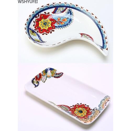 WSHYUFEI Underglaze Hand-painted Ceramic Tableware Irregular Shaped Dinner Plate Rectangular Pattern Household Dinner Plate