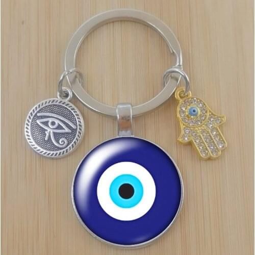 Beauty Blue Evil Eye religious Photo Round glass cabochon keychain Bag Car key chain Ring Holder Charms keychains for gift