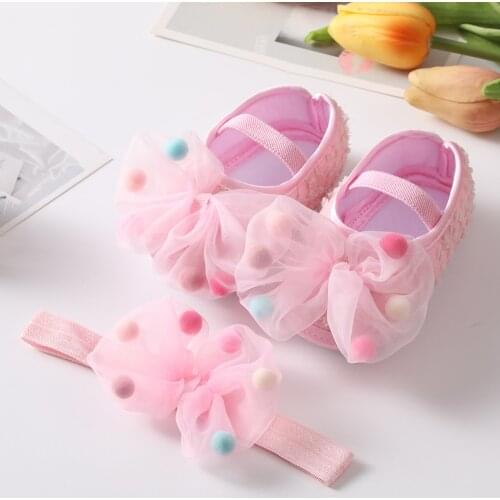 Summer Baby Girl Satin Cloth Net Yarn Bowknot Princess Shoes Toddler Soft Sole Walking Shoes Headbands Set for Infants Girls