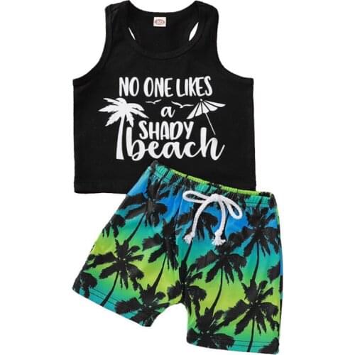 2021 Summer Baby Boys Sleeveless Letter Print Tops Vest+Print Pattern Shorts Children Casual Outfits Sets