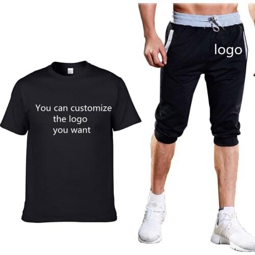 Summer Mens T-shirt Custom logo Car Logo printing High Quality Cotton Mens short sleeve+3/4 jogging shorts 2-piece set