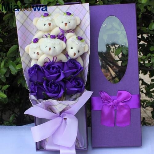Cute Handmade 5 Teddy Bear+ 6 Flowers Stuffed Animal Plush Animal Toy Cartoon Flowers Bouquet Valentines Day Gift