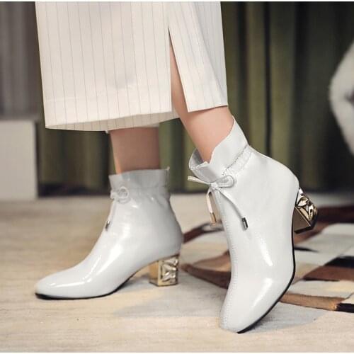 Fashion Ankle Boots For Women New 2020 Pointed Toe Block Heels Womens Ankle Boots Short Black White Shoes Ladies Large Size 45