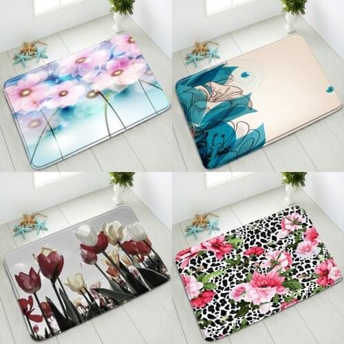 Flowers Non-Slip Bathroom Mat Pink Red Floral Green Leaves Plants Leopard Print Ocean Bedroom Kitchen Doormat Absorbent Carpet