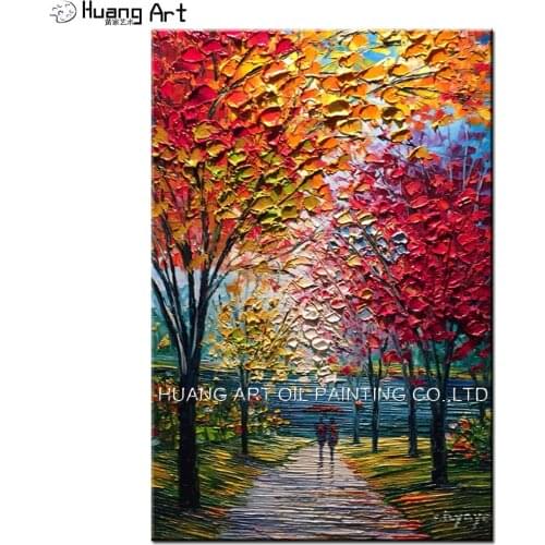 Wholesale Hand Painted Modern Knife Autumn Landscape Oil Painting on Canvas Big Tree Pictures for Living Room Decor Wall Art
