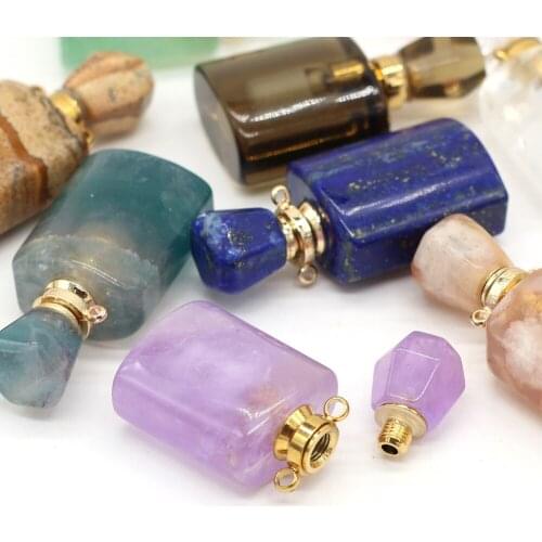 Natural Gems Stone Perfume Bottle Pendants Amethyst Tiger Eye Agates Essential Oil Diffuser Vial Charms for Women Jewelry Gift
