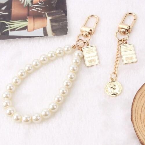 Retro Pearl Keychain Square Round Coin Car Key Ring Creative Coin Pearl Keyring for Women Girls Jewelry Gifts Pendant Key Chain