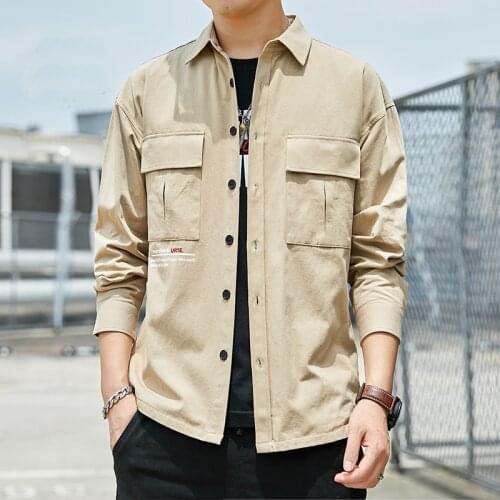 Shirts Men Solid Long Sleeve All Match Chic Thin Mens Japanese Style Daily Turn-Down Collar Single Breasted Pocket Shirt KK3007