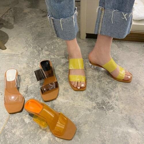 New Brand Women Slipper Summer Geometric Heel Women Beach Slippers Transparent PVC Sandals Square Toe Slides