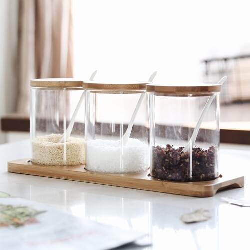 3pcs 450ml Glass Seasoning Jar Set Wooden Tray Spice Jar Kit Wooden cover Ceramic spoon Kitchen Accessories Salt Shaker