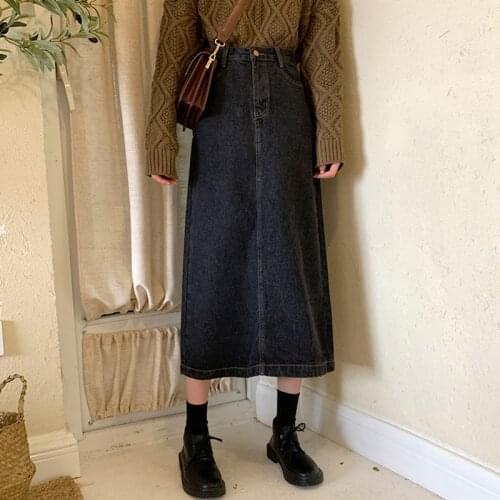 Slim High Waist Midi Jean Side Slit Skirt Women A-line Loose Streetwear Skirts Female Pockets Denim Skirts 2020 Autumn Winter