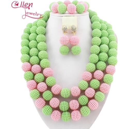 Gorgeous Apple green&Pink Beads Balls African Necklace Jewelry Set Nigerian Beaded Wedding Jewelry Set Free Shipping W10347