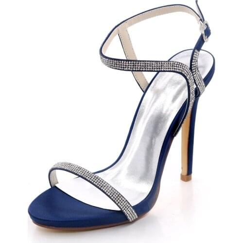 Creativesugar concise design sexy rhinestone crystal thin band lady satin evening dress sandals summer high heel shoes navy blue