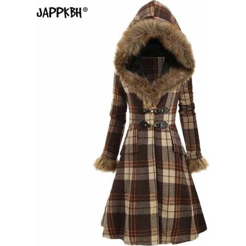 Women Plaid Jackets Female Vintage Wool Blend Hooded Coats Winter Autumn Woolen Long Outwear Clothing Slim Fit Streetwear Jacket