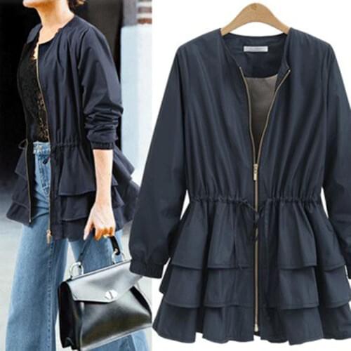 2019 New Coat Womens Clothing Spring Autumn Elastic Waist Ruffle Fashion Windbreaker Large Size Slim Fit Black Navy Trench Coat