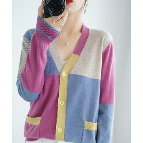 2021 new ladies cardigan 100% pure wool knitted ladies coat color matching button cardigan loose large size blouse women