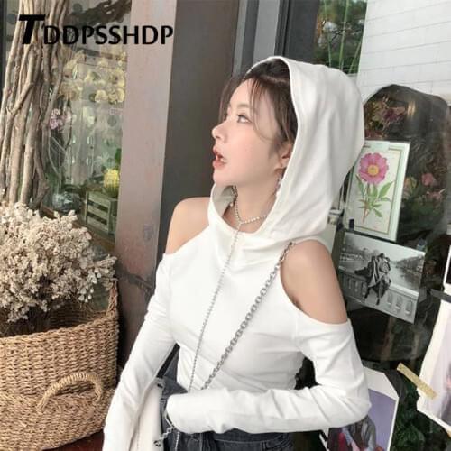 2019 Spring Pullover Expose Shoulder Women Sweatshirt Hoodies Long Sleeve Black White Grey Color Tops