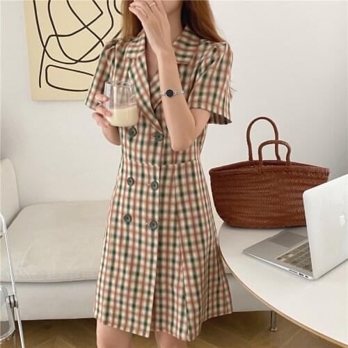 Dress Double Breasted Slim Waist A-Line Dresses Women Summer Short Sleeve Green Plaid Mini Blazer