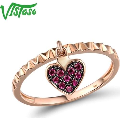 VISTOSO Genuine 9K 375 Rose Gold lab Created Ruby Heart Shape Ring For Lady Engagement Anniversary Lovely Chic Fine Jewelry