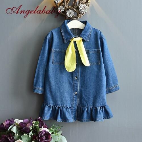 2020 Baby Girls Fashion Bow Tie Denim Dress Long Sleeved Casual Dresses Kids Autumn Jacket Clothes