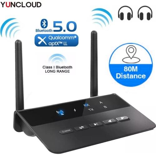 80M Bluetooth 5.0 Transmitter Receiver Aptx LL Low Latency Wireless Audio Adapter 3.5mm AUX RCA Jack for PC TV Headphones