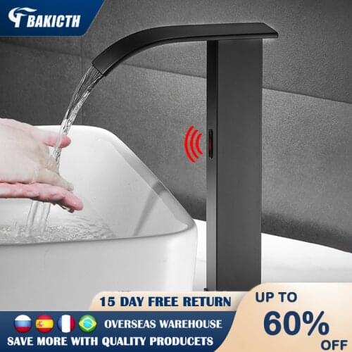 Bakicth Black Bathroom Faucet Deck Mounted Automatic Sensor Water Mixer Crane Free-Touch Sensor Bathroom Sink Tap Faucet