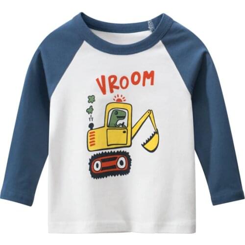 Children’s Cartoon Excavator Long-sleeved T-shirt Boy’s Autumn Korean Round Neck Pullover Top Cartoon Print Tee Shirts