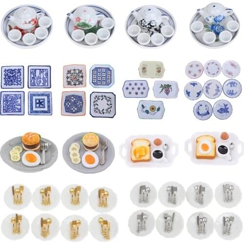 Dollhouse Mini Tableware Plates Tray Tea Set Salad Bowl Doll Breakfast Food Dishes Kitchen Toy Doll House Accessories Kids gift