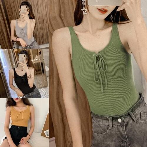 Women Ribbed Sleeveless Scoop Neck Front Drawstring Knit Vest Top Bottoming Vest