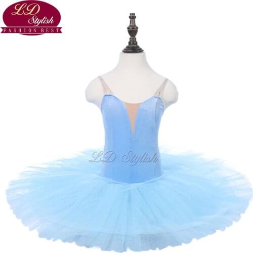 Girls Light Blue Ballet Tutu Black Stage Performance Costumes Kids Professional Ballet Dance Competition Apperal Adult Skirt