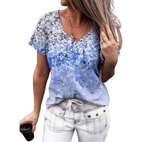 Hot-sale Abstract Polka Dot Gradient T-shirt Summer Women Casual O-Neck Short Sleeve Tshirt Elegant Street Plus Size Blue Tees
