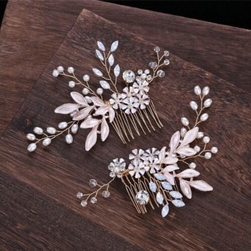 1 set Women Retro Gold Pearl Rhinestone Hair Combs Leaf Flower Handmade Bride Headdress Wedding Bridal Head Piece Hair Ornaments
